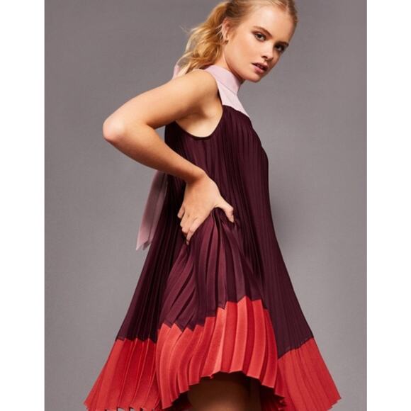 TED BAKER Trapeze Colorblock Dress Pleated Sleeveless SZ 2 Bow Pink Red Purple - Picture 2 of 13